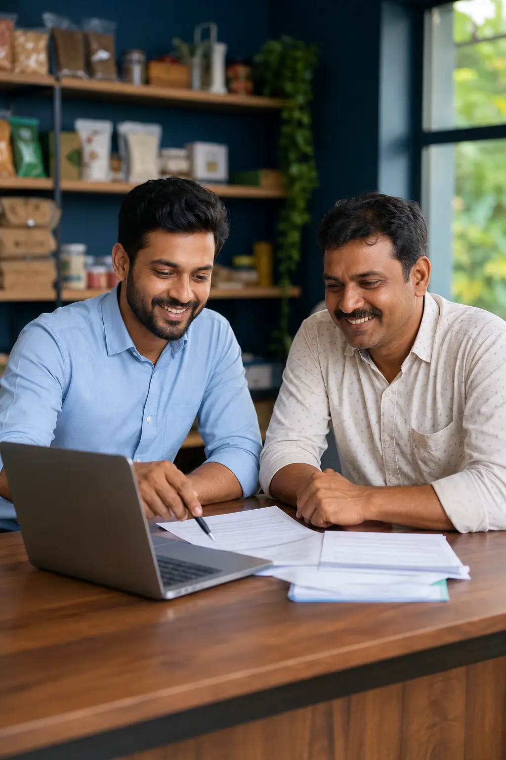 Madhyamgram Financial Services advisor helping a local shop owner with GST and tax paperwork