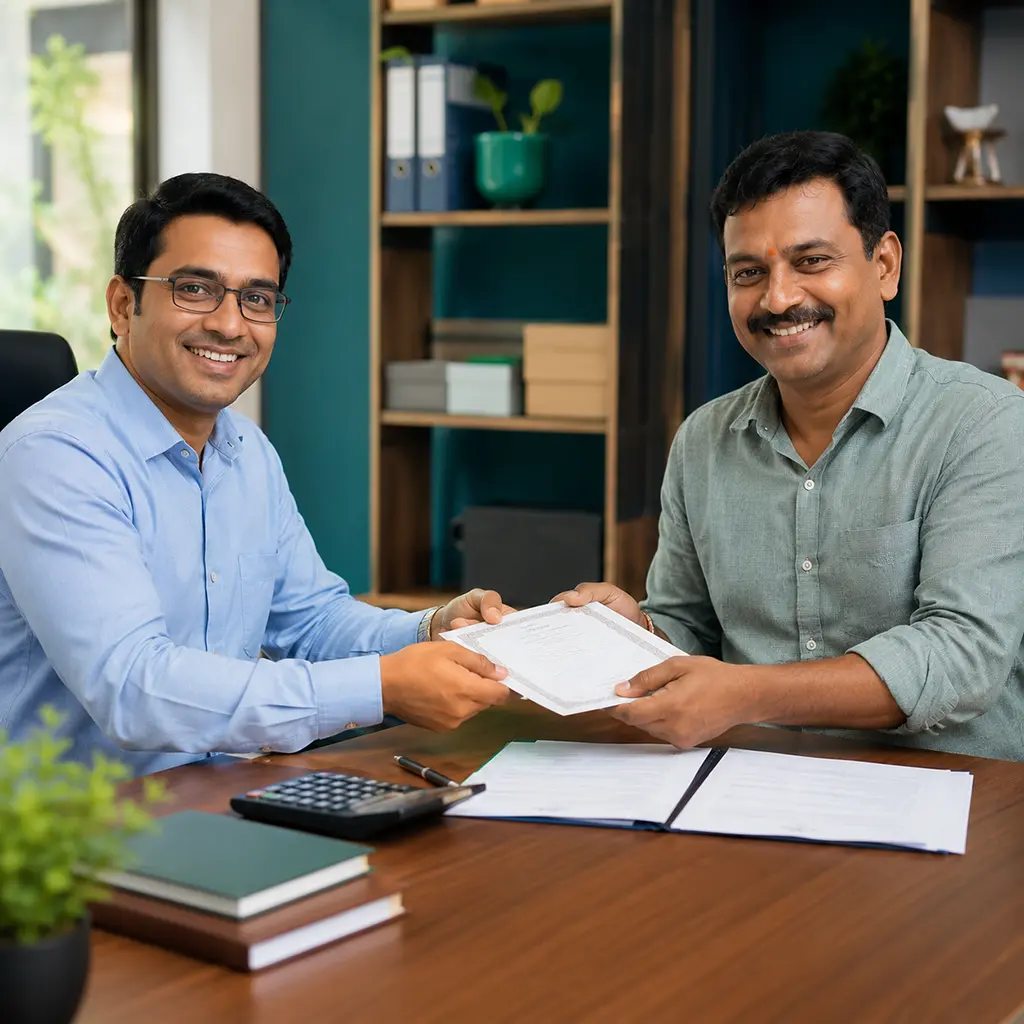 Friendly MFS team member explaining licensing paperwork to a small business owner